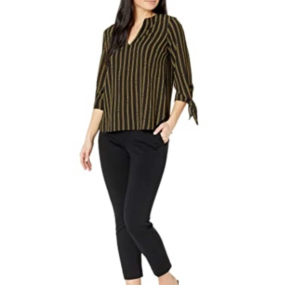 Michael Kors Black Gold Chain Stripe v neck knot blouse small new with tags